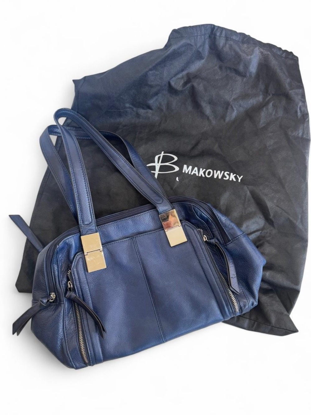 B. Makowsky Navy Leather Shoulder Bag with Silver Accents
